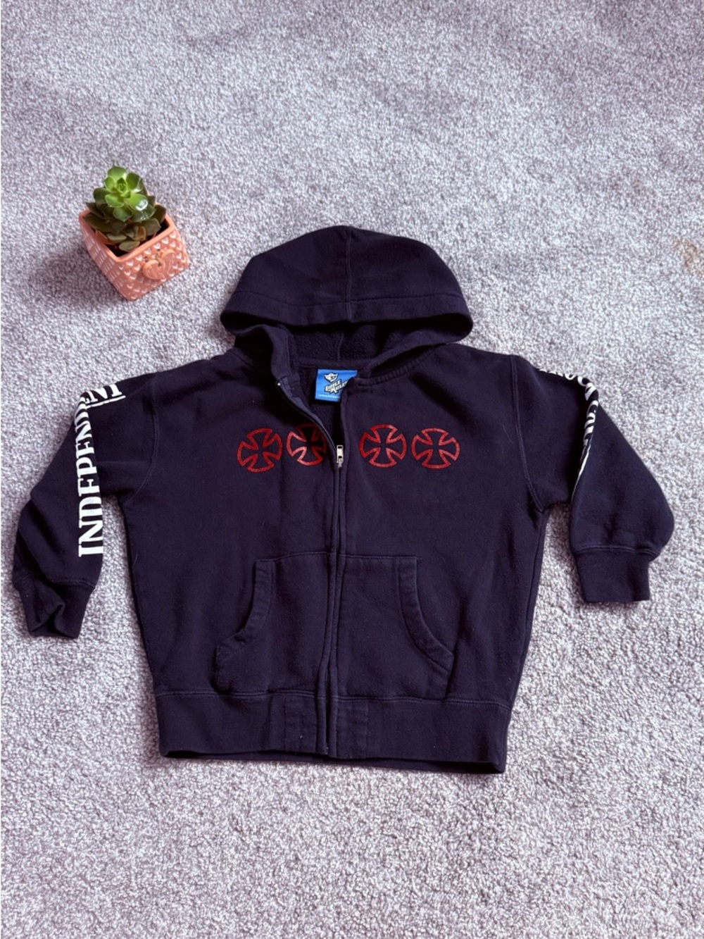 Vintage Kids Black Zip-Up Hoodie with Red Logos Independent trucking company 4T